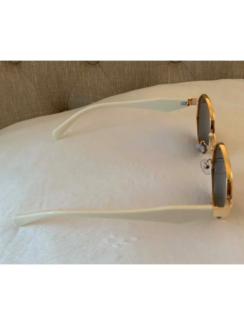 Unisex Octagon Gold Frame Sunglasses With Grey/Black Lenses & Ivory White Arms